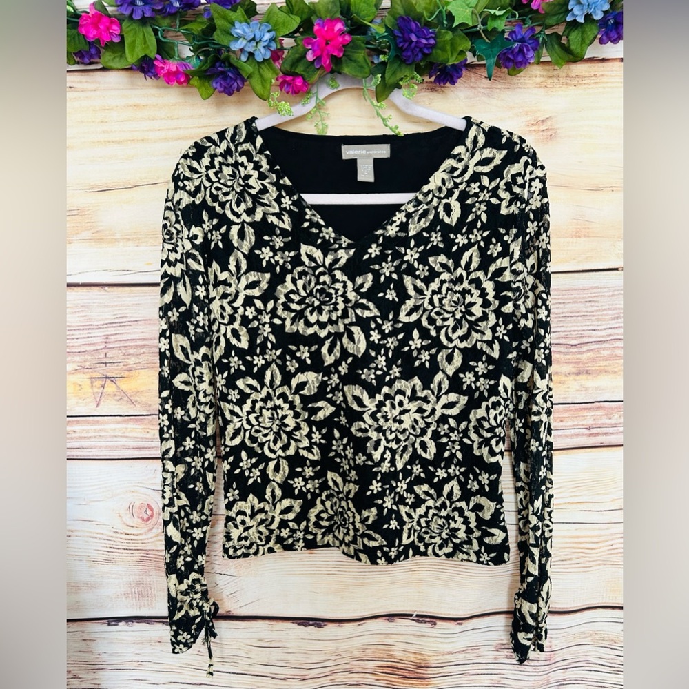 Valerie Separates Women’s Vintage Y2K Black Beige Floral V-Neck Lace Top Size M